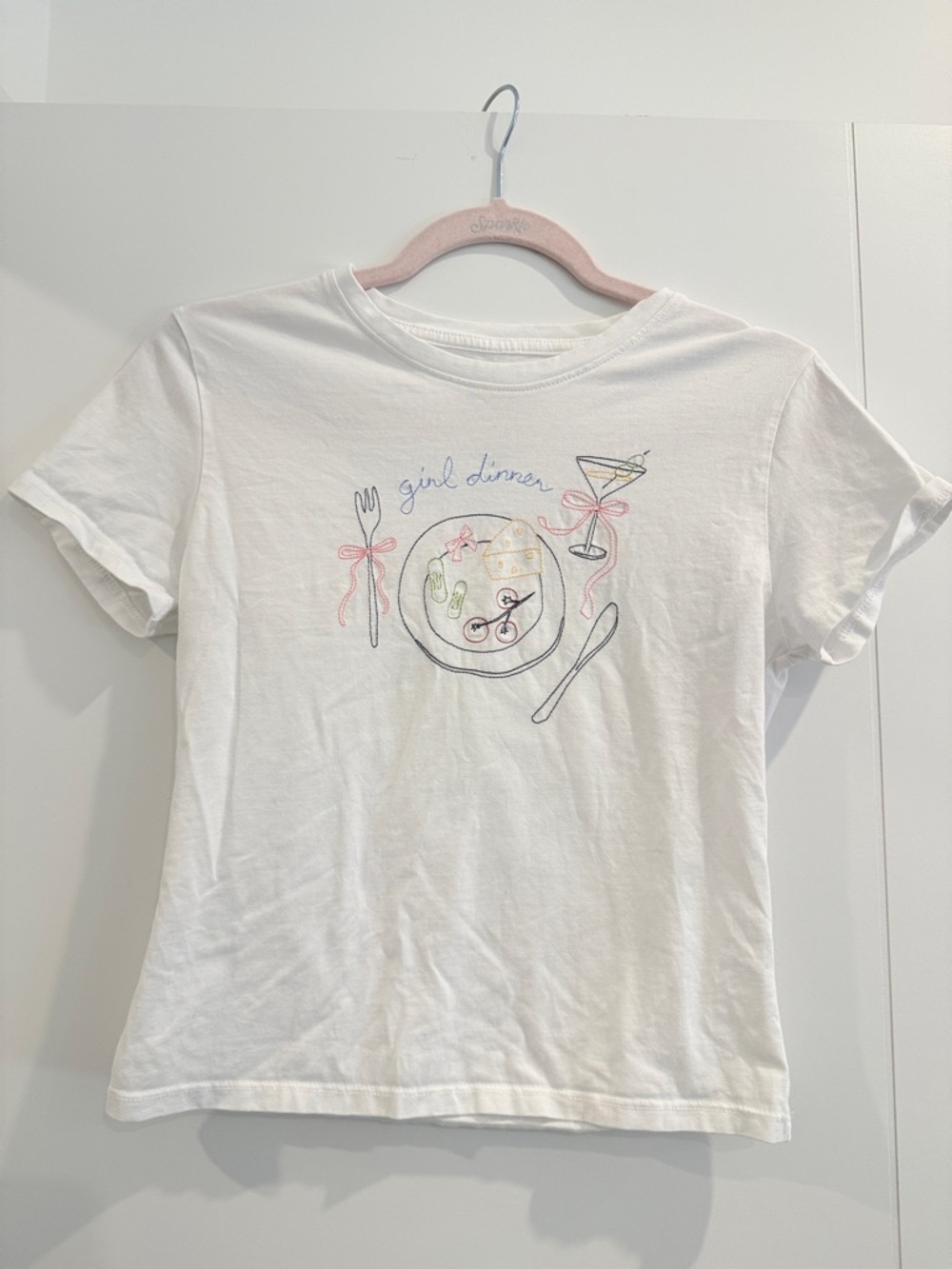 Women’s Baby Tee with Embroidered 'Girl Dinner' Design